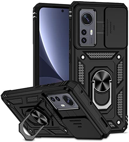 XINYEXIN Kameraschutz Handyhülle für Xiaomi 12T / Xiaomi 12T Pro Hülle mit 360 Grad Metal Ring Ständer Stoßfest Schutzhülle Hard Case Sliding Camera Cover - Schwarz