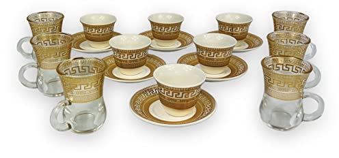 Cinar 18-teiliges Kaffeeservice Teeservice für 6 Personen Medusa Mäander Gold Espressotassen Mokkatassen und Teegläser mit Unterteller Luxus Pur 100 Ml in Geschenkbox