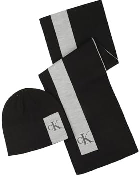 Calvin Klein Herren Men's Cuff Hat and Scarf Gift Set Beanie-Mütze, Schwarz gestreift, Einheitsgröße