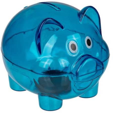 Sparschwein aus transparentem Kunststoff, klein, 10 x 8 x 8 cm, mit Deckel, leicht und robust, Blau