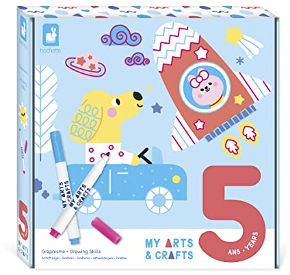 Janod - My Arts & Crafts - 5 Years - Sketching Set - 8 Illustrations + 2 Dry-Erase Markers - Children’s Arts & Crafts Kit - Fine Motor Skills & Concentration - J07745