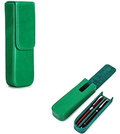 Hiram Leather Pen Case for 2 Pens Vegetable Tanned Leather Fountain Pen Storage Box with Hidden Magnetic Snap Closure Design (Green)