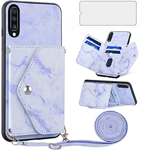 Asuwish Handyhülle für Samsung Galaxy A70 A70S Hülle mit Band und Glas Folie Schutzfolie Kartenfach Klappbar Kette Leder Geldbörse Ständer A 70 S 70A S70 Handy Hüllen Schutzhülle Cover Phone Case Blau