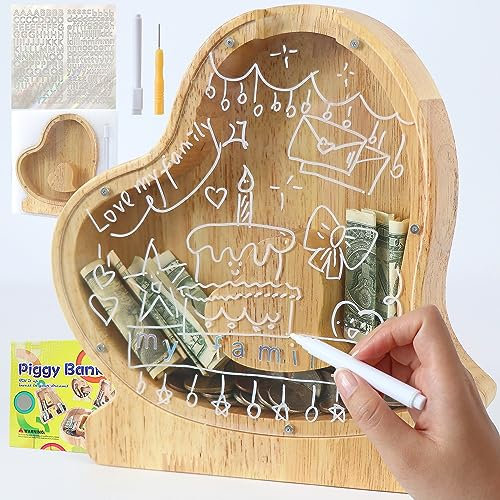 Lakpopya Personalisierte Kinder Spardose - Durchsichtig mit Buchstaben A-Z, Zielbereich & Aufkleber & Marker, Taufe Geschenk Dekoration (Herz-1)