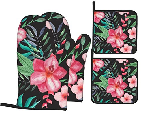 Feuilles Tropicales Gants de Four et maniques Ensembles de 4 Gants de Four antidérapants résistants à la Chaleur pour la Cuisson au Four, la Cuisson, Les grillades, Les Mitaines de Barbecue
