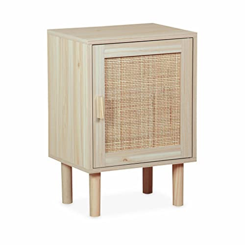 Alice's Home Nachttisch in Holzoptik mit Rohrgeflecht - Camargue - 40x30x58cm - 2 Ebenen - 1 Tür - gerade Füße