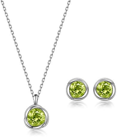 immobird Schmuckset Damen August Geburtssteine Natürliche Peridot Silber 925 mit Runde Rose Design Klassischer Stil Weihnachten Geschenke Für Frauen Mama Frauen
