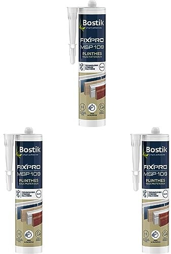 Bostik FIXPRO – Mastic Plinthes Tous Matériaux MSP 109 – Colle de Fixation Plinthes – Intérieur/Extérieur – Mastic Hybride Polymère – Prise Immédiate – Blanc – Cartouche 290 ml (Lot de 3)