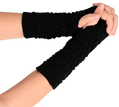 Wärme Handschuhe Offene Fingerhandschuhe aus gestrickter Wolle für Damen Halbfinger, kurze, warme Handschuhe Latex Catsuit Damen S (i-Black, A)