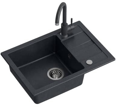 QUADRON Lavello da cucina in granito | dimensioni 62 x 44 x 17,5 cm nero | Lavello GO SMART in granito Lavello a vasca singola | Lavello da incasso con rubinetto da cucina