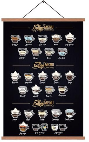 ZDFDC Kaffee Poster,Coffee Menu,Küchen Deko mit Anleitung und Namen von 26 Kaffee Arten, Wandbilder auf Leinwand in A2-Größe mit Teakholz-Holzposterleiste und Magnetbefestigung 60X40cm