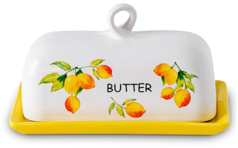 Zitronen-Butterdose mit Deckel für Arbeitsplatte, gelbe Keramik-Butterdose, großer Butterhalter mit Deckel, Butterschale, bemalter Butterhalter, Le Creuset Butterdose