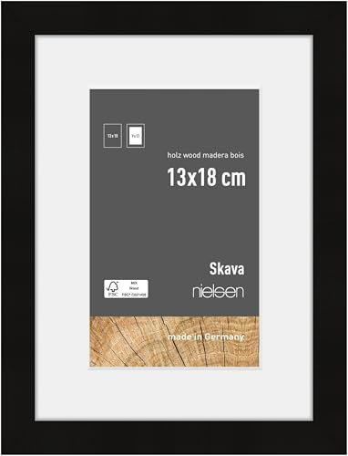 nielsen Bilderrahmen mit Passepartout, 13 x 18 cm, Holz, Schwarz, Fotorahmen zum Auftstellen und Aufhängen im Hoch- & Querformat, Echtglas, Skava
