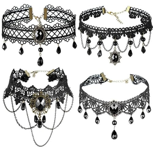 4PCS Gothic Halskette Set, Choker Kette Damen, Gothic Schmuck, Choker Schwarz, Lace Choker Halskette, Spitze Choker Halsband, Vintage Choker Lolita Kostüm Zubehör Schmuck für Karnevals Maskerade Party