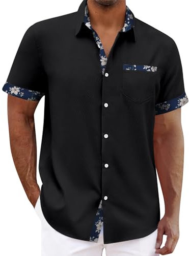 Mens 2XL Black Hawaiian Shirts - Short-Sleeved Linen Casual Shirts