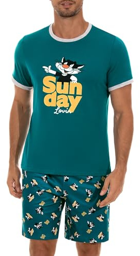 Demegimi Conjunto de Pijama de Algodón para Hombre - Manga Corta y Pantalones Cortos - Ropa de Dormir para Verano