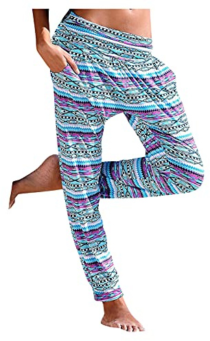 Summer Boho Women's Beach Trousers - Drawstring Elasticated Waist Linen Lounge Pants with Vintage Floral Print - Baggy Harem Hippie Pants with Pockets (Blue, XL)