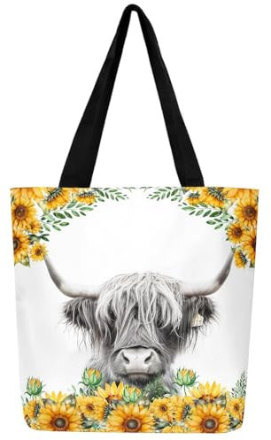 Hochland Kuh Leinwand Tasche Bull Rinder Leinwand Einkaufstasche Gelbe Sonnenblume Wiederverwendbare Lebensmitteltasche Western Farm Thema Kuh Einkaufstasche Wilde Tier Einkaufstasche
