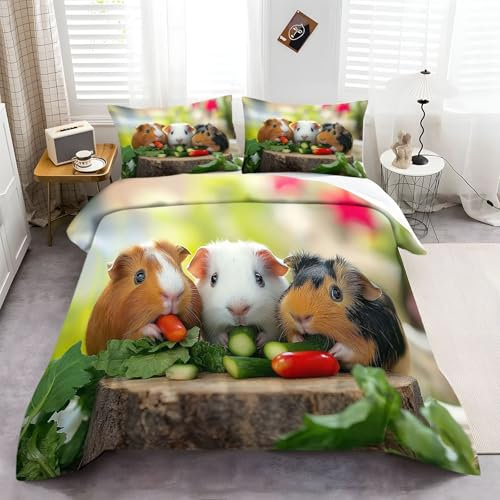CozyRest Bettwäsche 135x200 cm DREI Meerschweinchen Druck, Mikrofaser Bettbezüge für Kinder und Teens, Hypoallergen Bettwäsche Set mit 2 Kissenbezügen 80 x 80 cm, Für alle Altersgruppen geeignet