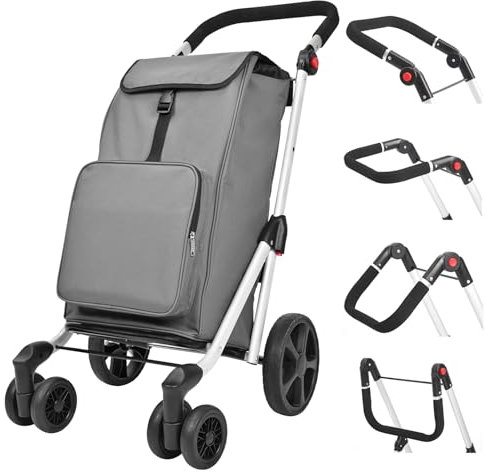 LEUYA ABC Carrello Portaspesa, Carrello per la Spesa Pieghevole Leggero, con Borsa Termico, 6 Ruote, 45L Trolley Spesa, Carrello Spesa in Alluminio, Resistente, Robusto (Grigio)