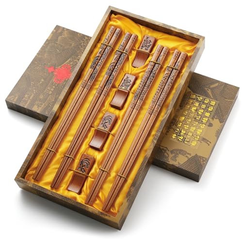 Essstäbchen, Chinesischer Drache und Phönix Essstäbchen mit Halter, Essstäbchen Wiederverwendbar Spülmaschinenfest, Essstäbchen Geschenksets (4 Paar)
