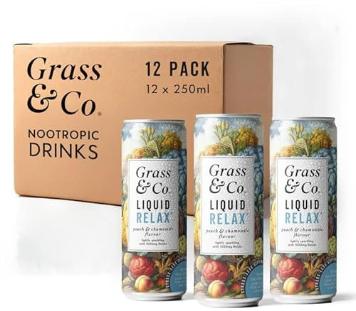 Grass & Co. Nootropics Drinks with Magnesium, Ashwagandha, Vitamin B12, Vitamin B6, Reishi Mushroom & More | Liquid Relax | Chamomile & Peach | Lightly Sparkling | Vegan | 12 x 250ml Cans