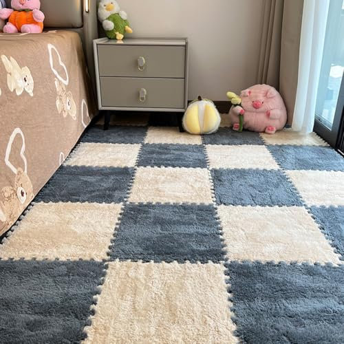 10Pcs Foam Play Mat 30x30cm Plush Square Interlocking EVA Foam Floor Tiles,Anti-Slip Play Area Rug Living Room Bedroom Gym Floor Protector (Beige Grey,0.6cm Thick)