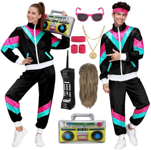 Mrsclaus 80er Jahre Outfit Herren Damen 90er Jahre Jogginganzug Disco Retro Trainingsanzug Herren Kostüm Erwachsene Karneval Fasnacht Gruppen Partnerkostüme Set