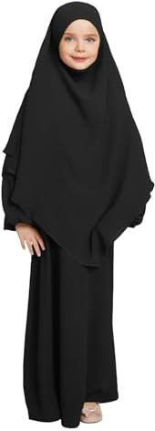IBAKOM Gebetskleidung für Kinder Chiffon Muslimisch Kleid mit Taschen Mädchen Abaya mit Hijab Islamische Kleider Dubai Arabisch Türkische Robe Gebetskleid Jilbab Khimar Ramadan schwarz 5-6 Jahre