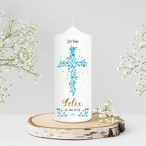 Wandtattoo Loft Taufkerze Junge personalisierte Patenkerze, Motiv blaues Kreuz aus Blättern, 18cm x 7cm, personalisierte Kerze, bedruckte Kerze Taufe, Stumpenkerze, Taufgeschenk