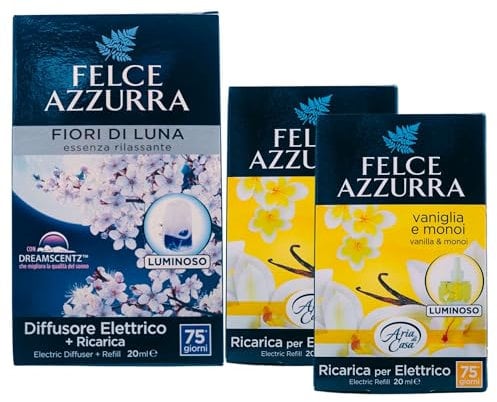 Set Felce Azzurra: Confezione Diffusore Elettrico Luminoso+Ricarica 20ml Fiori di Luna, Essenza Rilassante+2X Ricarica per Diffusore Elettrico 20ml (Diff. con Ricarica+2xVANIGLIA E MONOI)