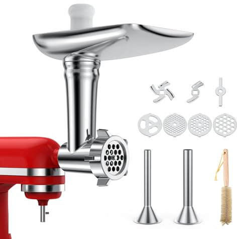 MMOBIEL Accesorio Picadora de Carne para KitchenAid Batidora de Pie - Accesorio Trituradora de Alimentos con 4 Platos Picadores, 2 Tubos de Relleno de Salchichas, 2 Cuchillas Picadoras