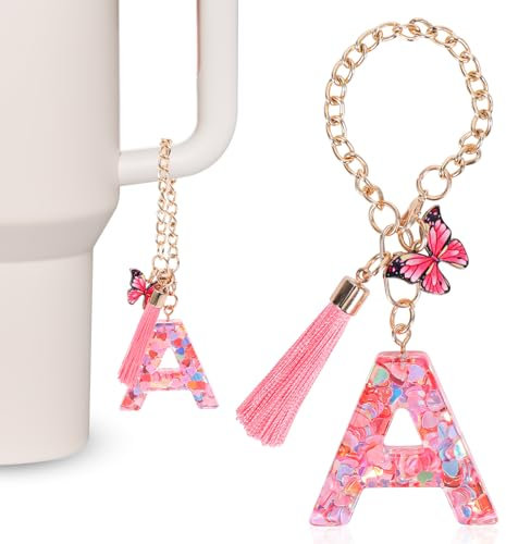 MWOOT Pink Initial letter Keychains for Women, Stanley Cup Charms, Cute Initial Keychain Handle Charm for Stanley Tumbler, A