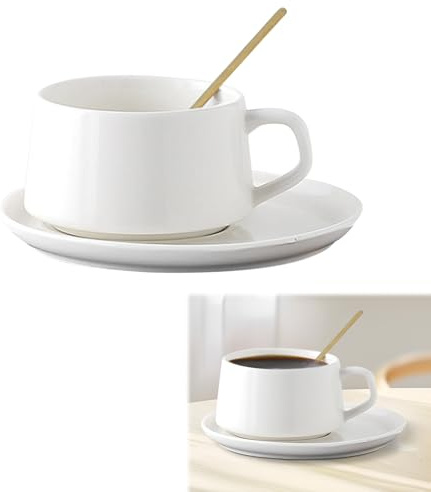 Ayrirel Ceramic Tea Cup with Spoon and Saucer Sets, 250ML Ceramic Coffee Cups Mug for Cappuccino, Latte, Espresso & Americano, Great Gift for Birthday/Christmas/Valentine's Day (White)