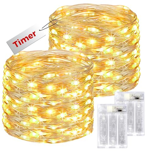 bitjam 12M 120LED Battery Fairy Lights with Timer, 2 Pack Fairy String Light Battery Operated, Waterproof Copper Wire Christmas Decor Battery Powered Indoor for Wedding Party Bedroom Garden-Warm White