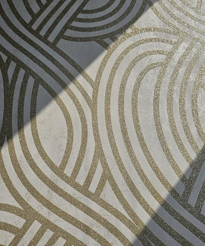 AMINAH DECO Wave Stripe Textured Glitter Motif Metallic Embossed Wallpaper Golden Line Carved Stripe Traditional Wallpaper 20.8 in X 393.00 in