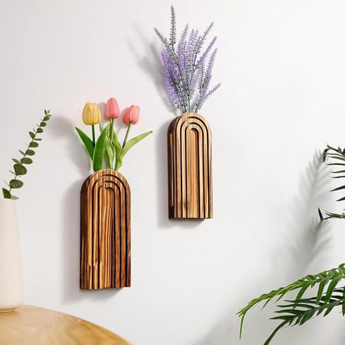 Wall Vases for Flowers - Wood Wall Planter Vase, Boho Walls Decor for Hallway, Farmhouse Hanging Decor, Rustic Hanging Planter for Indoor Fake Plants Greenery Flowers, As Halloween or New Year Gifts