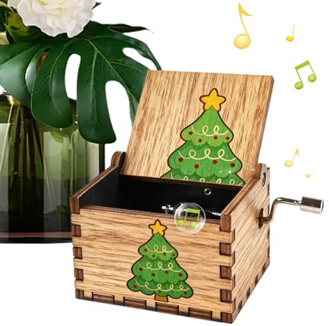Weihnachtsspieluhr – Handgekurbelte Spieluhr aus Holz mit geschnitzten Schneeflocken | Spielt Stille Nacht, Vintage-Weihnachtsdekoration, Erwachsene und Kinder, batterielos, 11,4