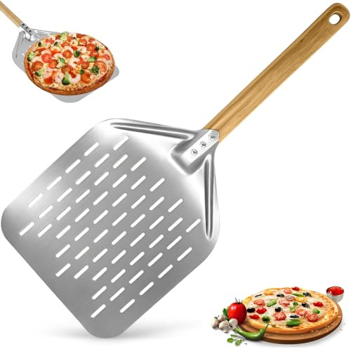 Pelle à Pizza Perforée 39,5 x 30 cm avec Poignée en Bois Longue Amovible, Spatule Pizza en Aluminium 12 Pouces, Coupe à Pizzas Grande Surface, Pelle Pain Cuisson Professionnelle pour Barbecue et Four