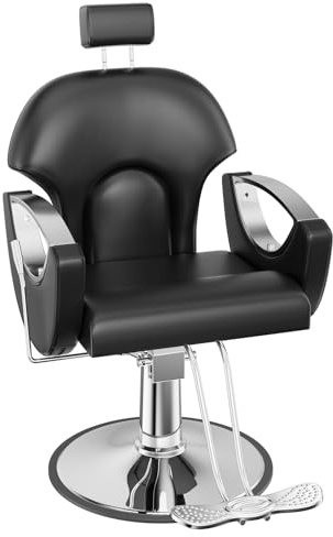 Joiemebi Sillón de Peluquería, Silla de Peluquero Hidráulica Reclinable, Altura Ajustable Barber 360° para Salón de Peluquería a Domicilio, Salón de Belleza, Tatuajes, 64 x 59 x 104-119 cm (Negro)