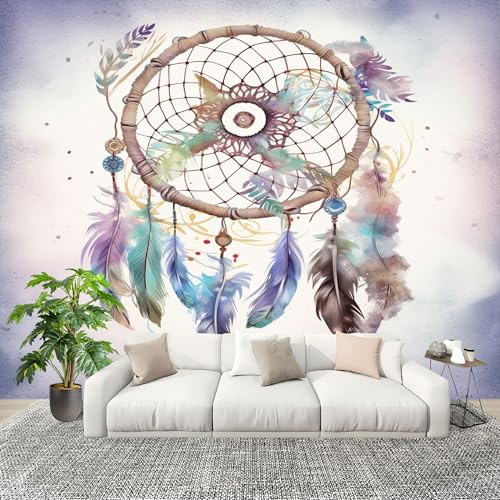 Bedroom No Overlap Wallpaper Mural 350X256 cm Romance Dreamcatcher Feathers Non-Woven Premium Photo Wallpaper Peel and Stick Light White Non-self-Adhesive Home Room Decoration Wall Stickers