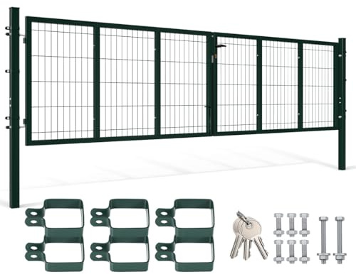 Gartentor metall, Doppelflügelig Gartentür, 350x100 cm, Vierkantrohr, für Landhaus/Pferdeweiden, für Doppelstabmattenzaun (Grün)