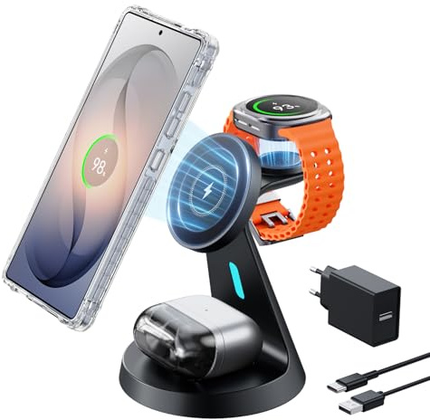 JoyGeek Magnetisch Induktive Ladestation 3 in 1 für Samsung Galaxy S26 Ultra/S25/S24/S23/Z Flip/Fold, Wireless Charger für Samsung Galaxy Watch Ultra/8/7/6/5, Induktions Ladegerät für Galaxy Buds