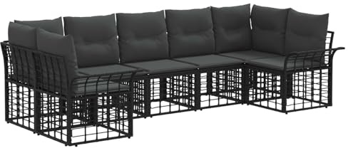 vidaXL Outdoor-Sofagarnitur 7 pcs Schwarz und Dunkelgrau Polyester, Garten und Terrasse, rustikales Outdoor-Sofa, wetterfestes Couch, Bequeme Rattansitzgruppe