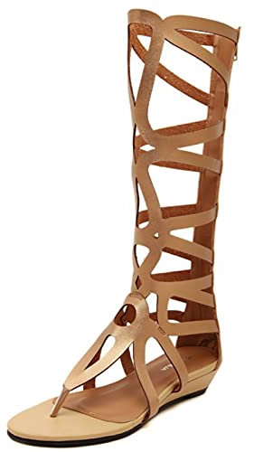 Jamron Damen Knie Hoch Römische Gladiator Sandalen Nieten Besetzt Riemchensandalen Reißverschluss Zehensandalen Gold SN602C027 EU37