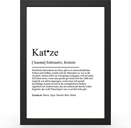 Urhome Kunstdruck Definition Katze in DIN A3 A4 A5 optional mit Rahmen Schwarz Weiß - Worterklärung wie im Duden als Wanddeko Poster Deko Wandbild mit Spruch für Wohnung Familie Geschenk