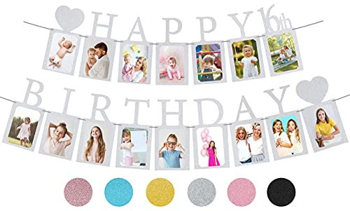 Foto-Banner zum 16. Geburtstag, vormontiert – Sweet 16 Banner mit 16 Foto-Karten-Rahmen, Partyzubehör – Happy 16th Birthday Dekorationen für Mädchen mit 16 Schildern