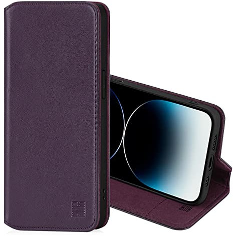 32nd Classic Series 2.0 - Real Leather Book Wallet Flip Case Cover For Apple iPhone 13 Pro (6.1), Real Leather Design With Card Slot, Magnetic Closure and Built In Stand - Aubergine