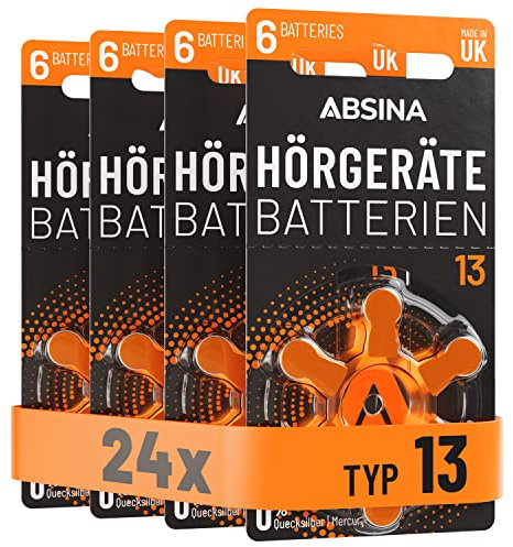 ABSINA Hörgerätebatterien 13 24 Stück mit gut greifbarer Schutzfolie - Hörgeräte Batterien 13 Zink Luft mit 1,45V - Typ 13 Batterien Hörgeräte Orange - PR48 ZL2 P13 Hörgerätebatterien