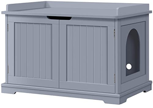 Yaheetech Arenero con Puerta para Dos Gatos Grandes Cajón de Arena de Madera para Mascota Casa de Aseo Gris